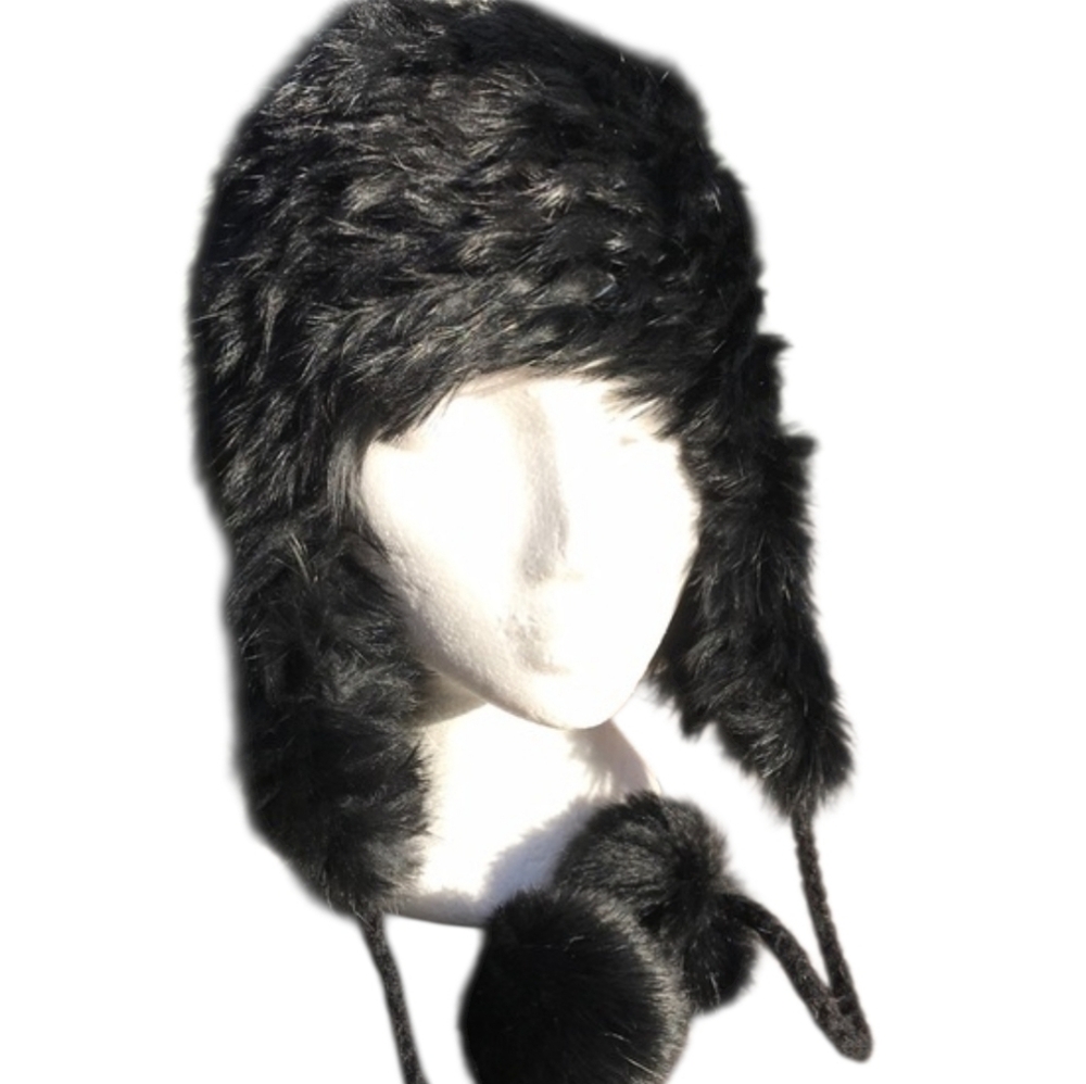 RUDSAK Lightweight Black Knitted Rabbit Fur Trapper Hat